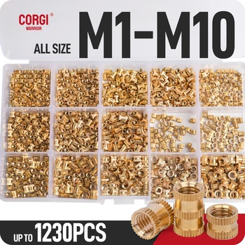 모든 사이즈 1230 황동 너트 삽입 모음 키트, M1 M2 M2.5 M3 M4 M5 M6 M8 M10 핫멜트 널링 스레드 주입 너트 삽입 키트