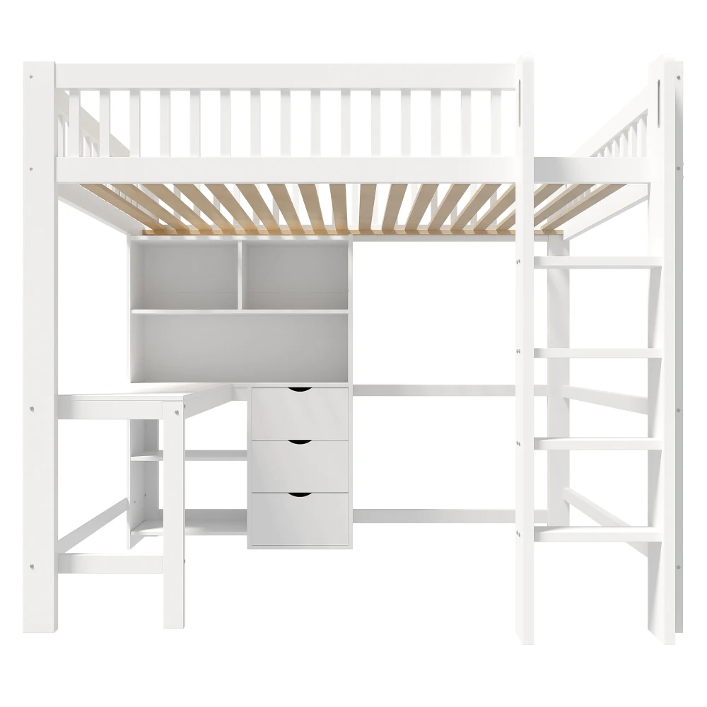 Modernes Hochbett, 90 x 200 cm, Kinderzimmerbett, mehrere Stauraumfächer, Leiter, Schreibtisch, 3 Schubladen, ohne Matratze, weiß – Detail 34