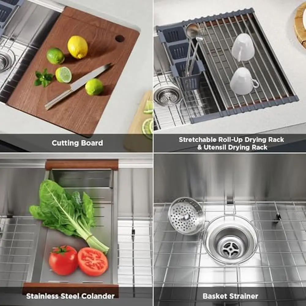 Multifunctional Undermount Kitchen Sink 32"x19" Single Bowl with Workstation Set Stainless Steel Accessories R10 Corners 3mm 2