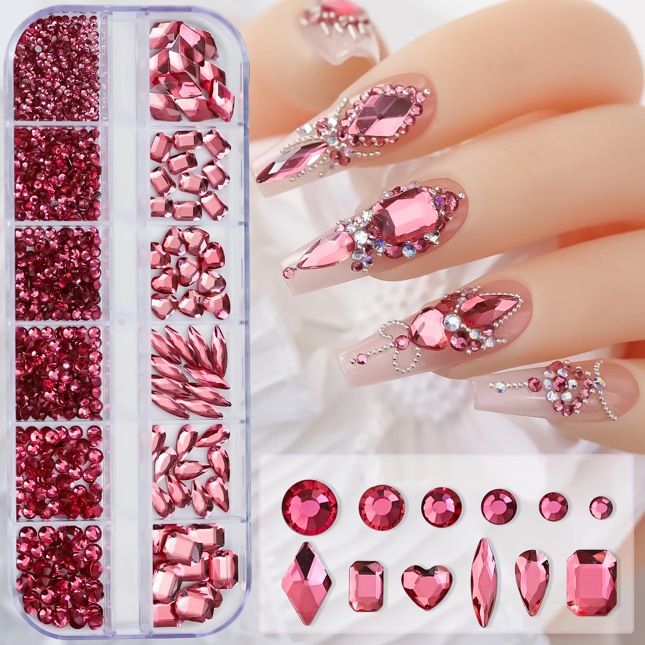 

12 Grids Shiny Diamond Crystal Charms, Mixed Shaped Rhinestones, Pink, Blue, Green, AB Flatback Gems Luxury Nail Parts (S4-S16)