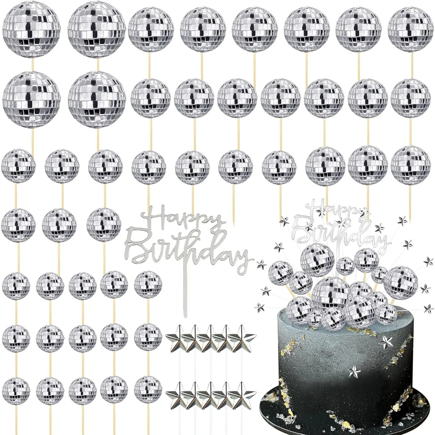 56PCS DIY Disco Ball Cupcake Topper Acryl Alles Gute zum Geburtstag Kuchen Topper Stern Kuchen Topper 70er Disco Kuchen Herzstück Dekor