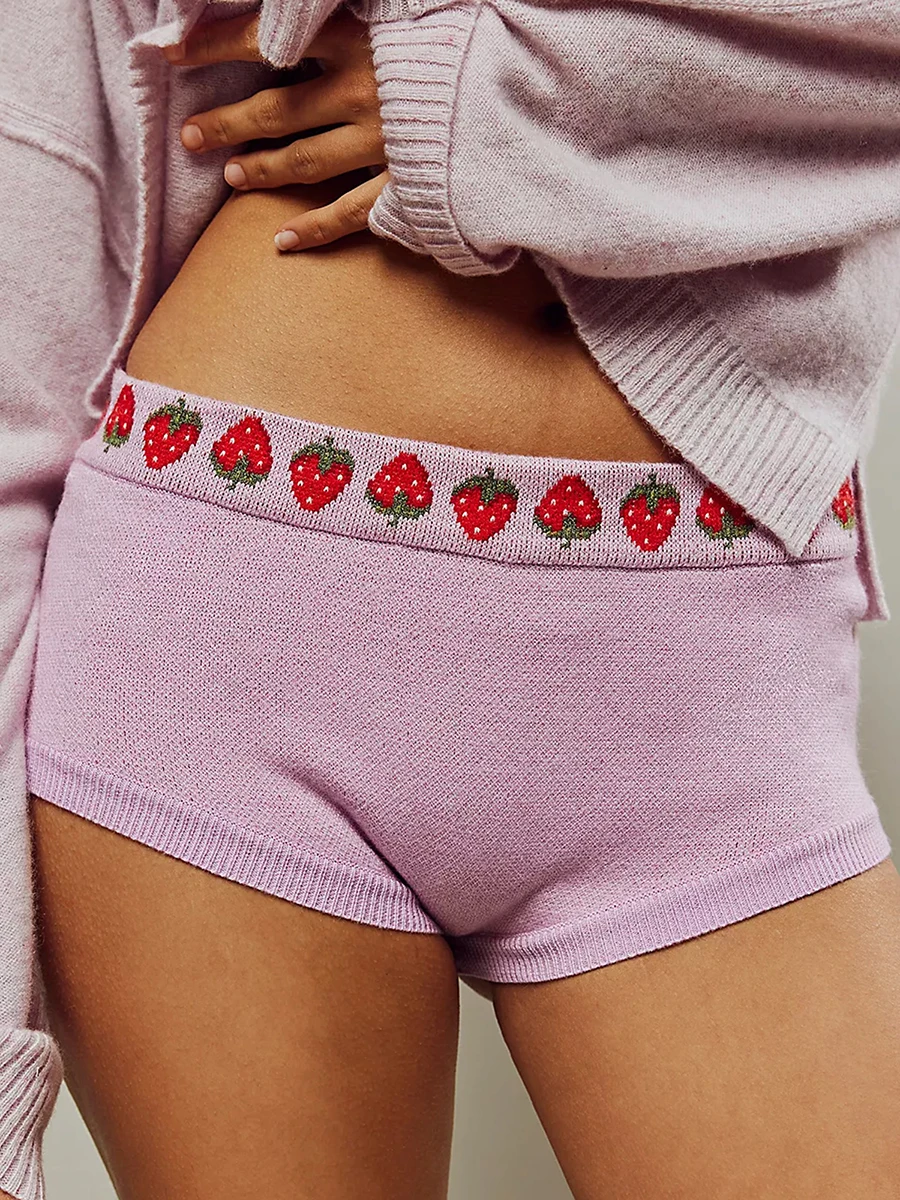 

Combhasaki Women's Y2K Vintage Retro Fruits Strawberry Peach Cherry Print Elastic Low Waist Short Pants Casual Knitted Shorts