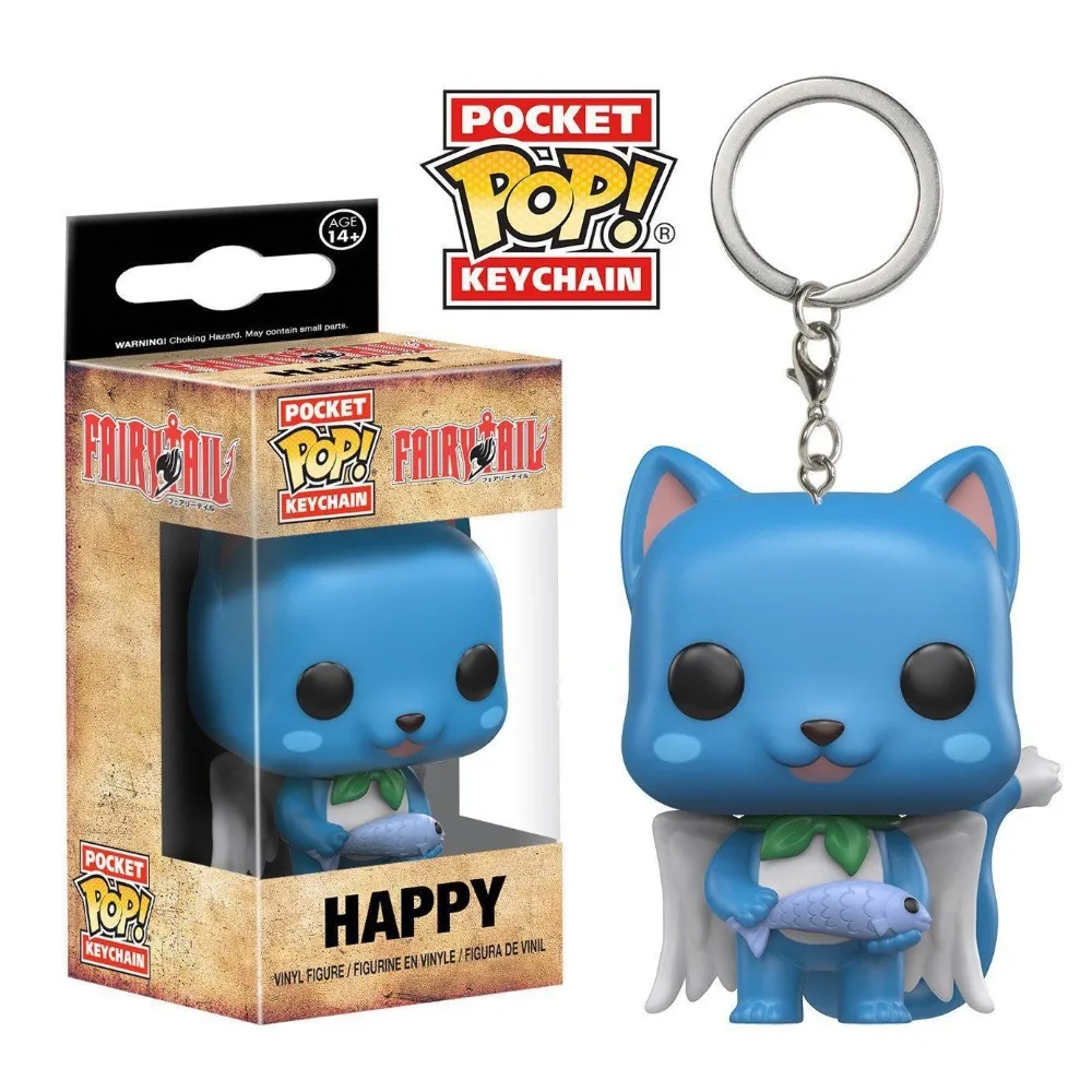 Funko Pop Keychain Fairy Tail Kawaii Blue Cat HAPPY Anime Mini Action Toy Figures Doll Model Backpack Pocket Keychain Child Gift 4