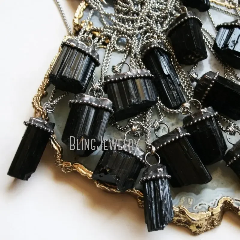 

10pcs Black Tourmaline Crystal Necklace Schorl Statement Goth Gothic Vampire Witch Wicca Witchcraft Stainless Steel Emo Jewelry