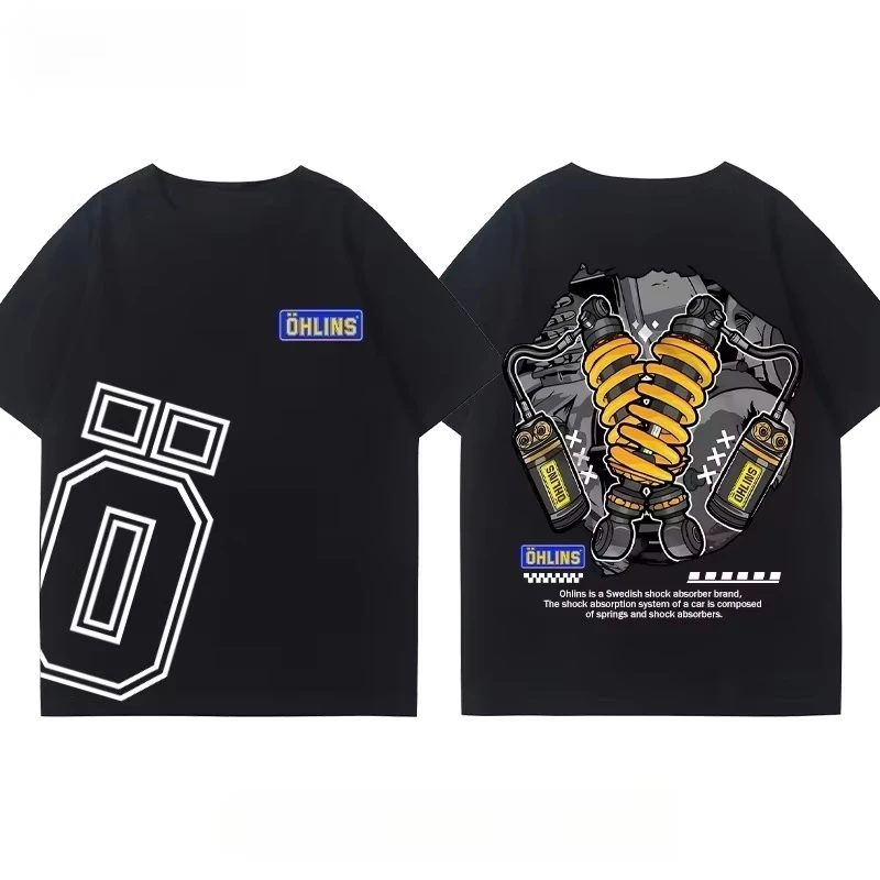 OHLINS Motorrad-Stoßdämpfer-T-Shirt, modifiziertes T-Shirt, lässiges, trendiges Marken-Auto-Club-T-Shirt, geeignet für Männer und Frauen