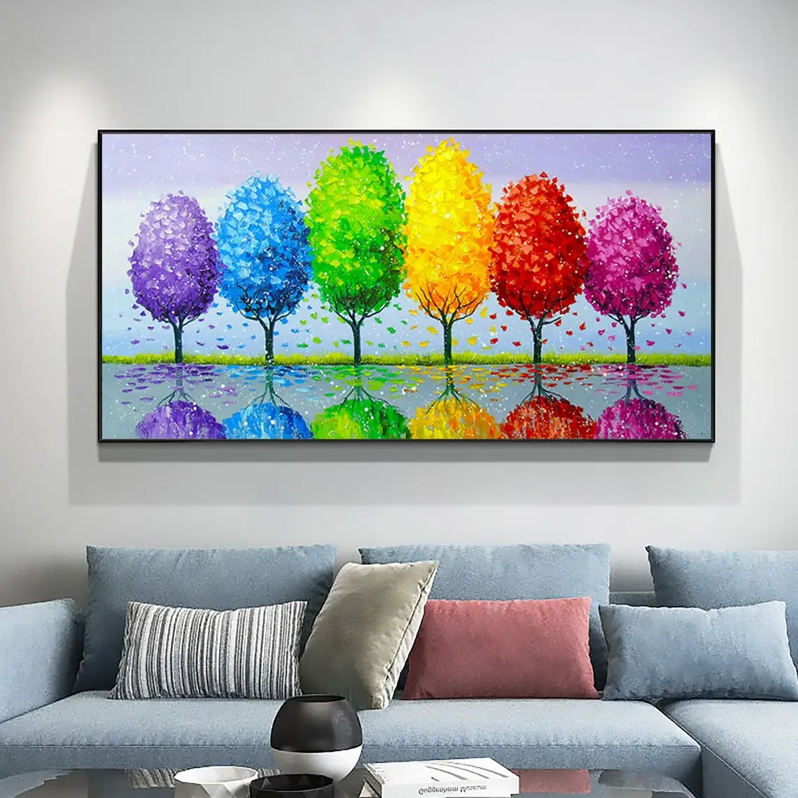 

Abstract Colorful Forest Landscape Hand Painted Oil Painting Canvas Textured Acrylic Painting Lake Scenery Modern Wall Art Home