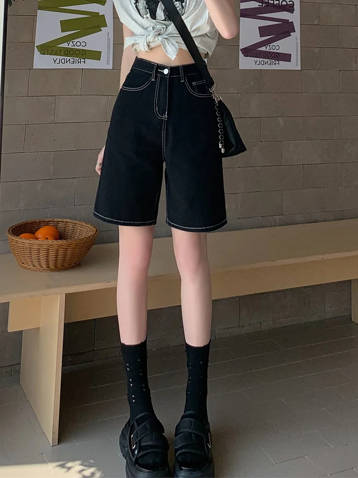 ZHISILAO New White Knee Length Denim Shorts Women Print Straight Jeans Shorts Summer 2024 Streetwear