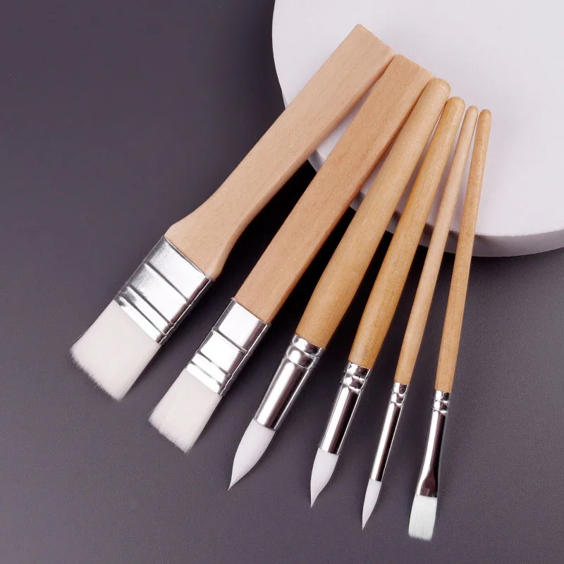 6-Piece White Nylon Wool Wood Stick Street Oil Painting Brush Professional Art Raw Gouache Watercolor Brush Tools Art Supplies