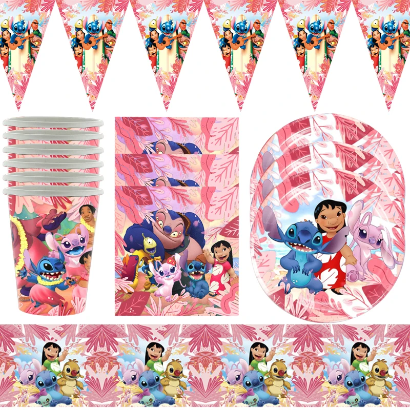 

51pcs/lot Pink Stitch Lilo Theme Banner Birthday Party Flags Plates Decorations Cups Girls Kids Favors Napkins Tablecloth
