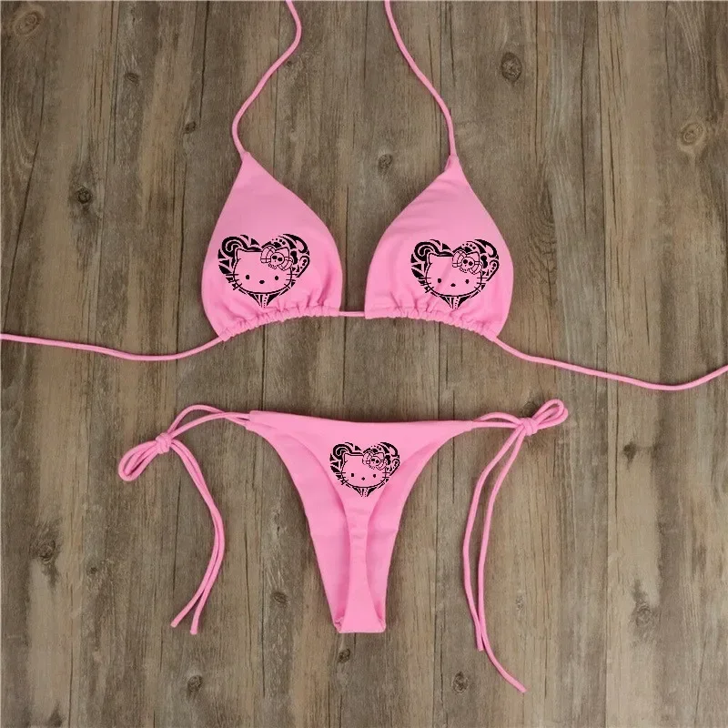 

Hello Kitty 2 Piece Bikini Anime Kuromi Y2K Girls Sexy Halterneck Tie Swimsuit Ladies Adjustable Swimsuit Bra Vest Women's Set