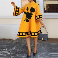 Modigirl Flower Print  Loose Yellow Dresses for Women Autumn Winter Clothes Flared Sleeves Woman Midi Casual A-line Dress