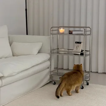 Carrello mobile da soggiorno con tavolino nordico in acciaio inossidabile con ruote Portaoggetti da cucina Portaoggetti multifunzionale