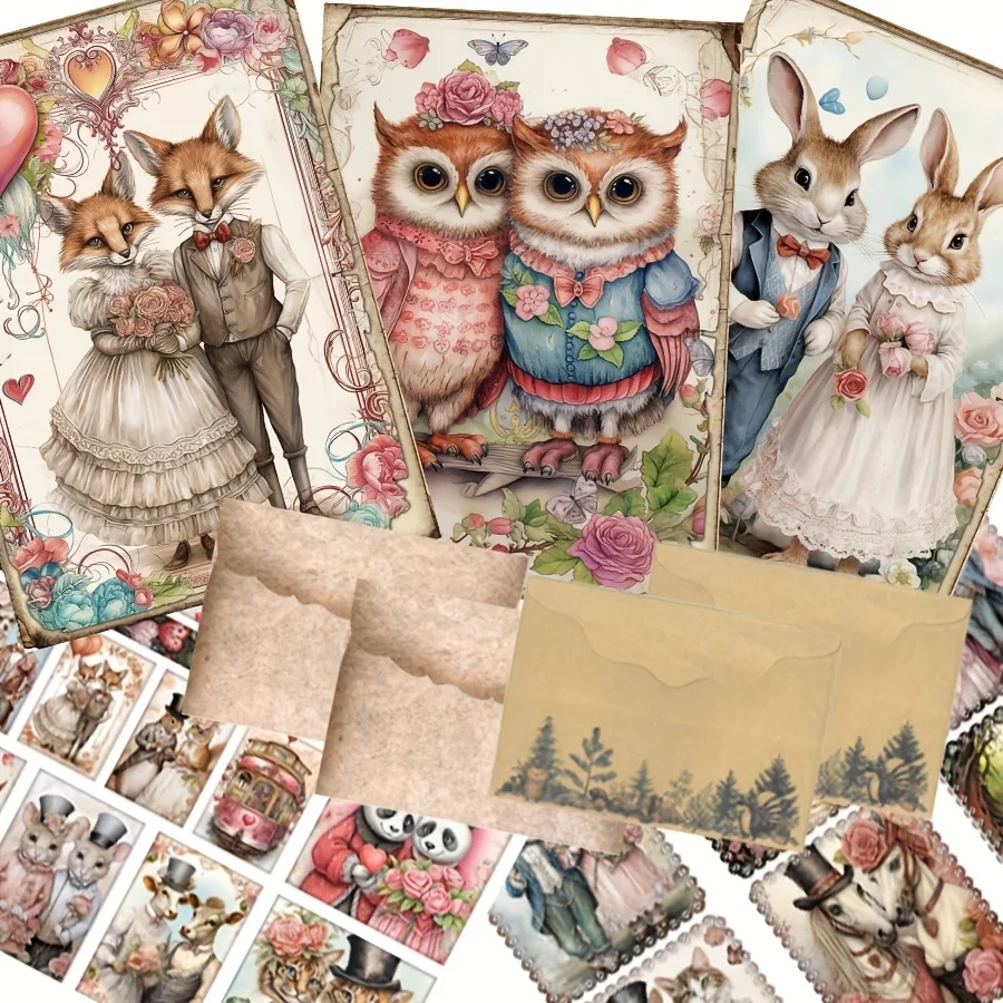 50pcs Card and Sticker Envelope Set Valentine's with Woodland Animal Ptterns for Wedding Flag DIY Bottle Scrapbooking