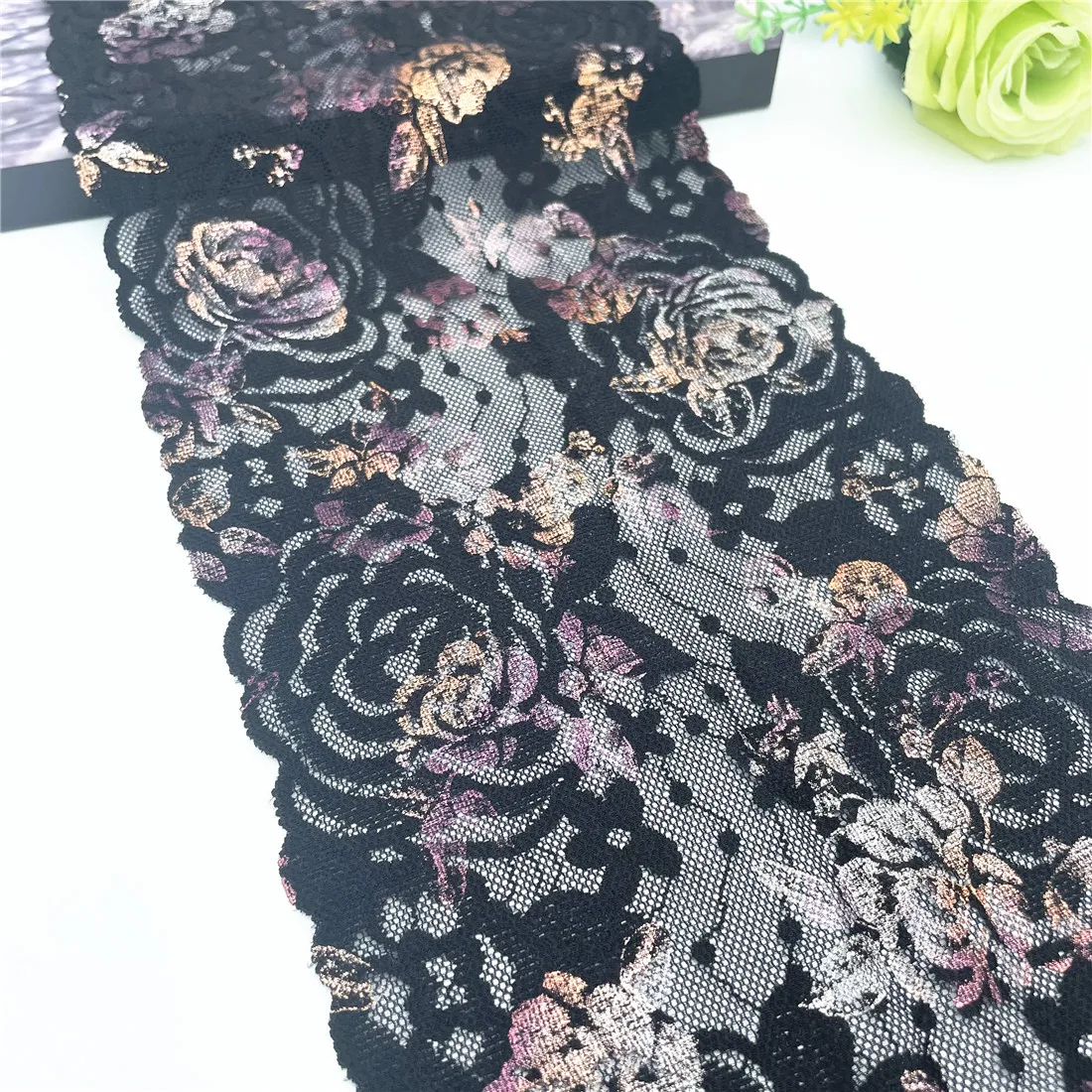 3y/lot Width 18cm Black Rosegold Shimmer Elastic Stretch Lace 1