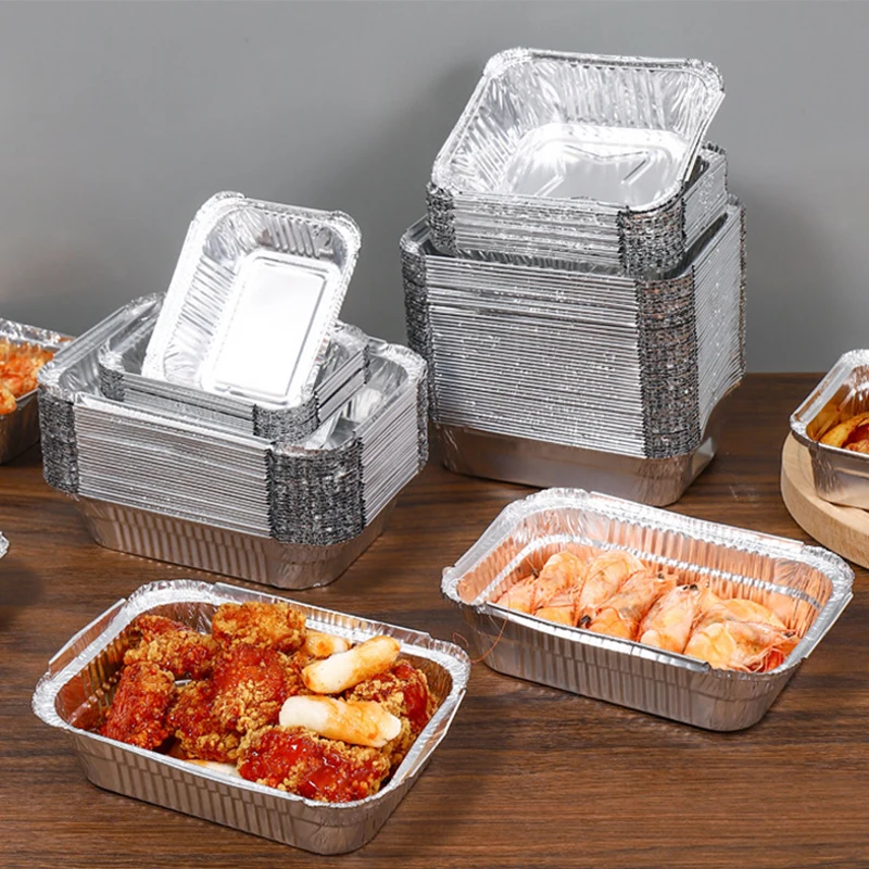 50PCS Disposable Tin Foil Box Barbecue Disposable Rectangular Tin Foil Tray Party Christmas Outdoor Picnic Salad Barbecue Baking