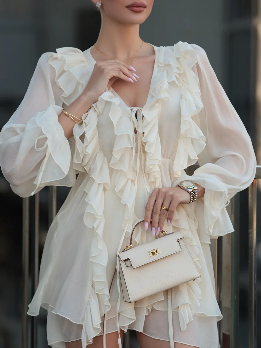 Elegant Chiffon Dress - Womens Spring Deep V Neck Lantern Sleeve Ruffle Tie Waist Skirt