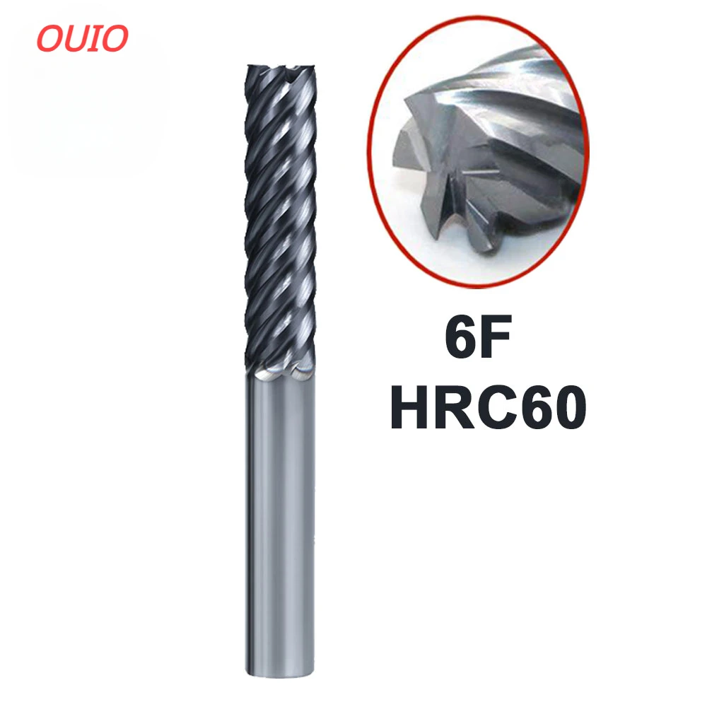 

OUIO 6Flutes Milling HRC60 Carbide End Mill 6 8 10 12mm Cutter Alloy Coating Tungsten Steel Cutting Tool CNC Maching Endmills