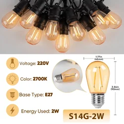 Vintage Outdoor Waterproof LED String Lights - Shatterproof Fairy Lights - 10M 10Bulb (S14 Amber 2W)