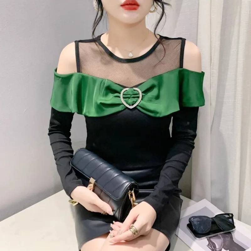 

#9120 Spring Summer Off Shoulder T Shirt Women O-neck Split Joint Mesh Hollow Out Skinny Office Long Sleeve T Shirt Female Sexy