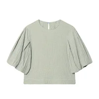 2026 New Women's Fashion Simple and Versatile Short Sleeve Round Neck Checkered Balloon Sleeve Top - Image 2