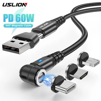 USLION PD 540 회전 마그네틱 케이블, 마이크로 USB C에서 C 타입 케이블, 5A 고속 충전 전화 케이블, 아이폰 15 14 삼성 샤오미, 60W
