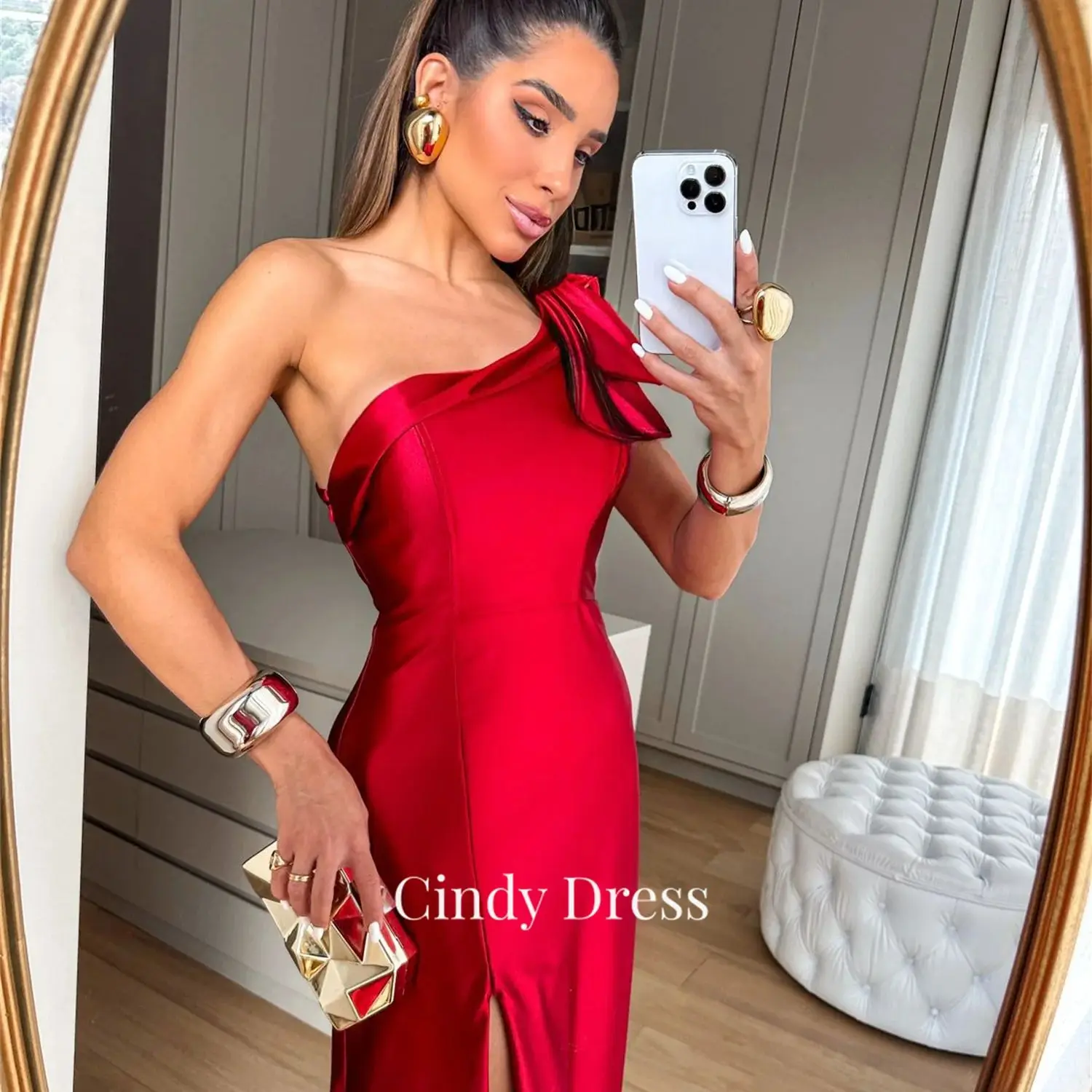 

Cindy Side Slit Red One Shoulder Satin Prom Dress Luxury Black Girls Ball Gowns Dresses Gala Robe Soiree De Luxe 2024 Evening