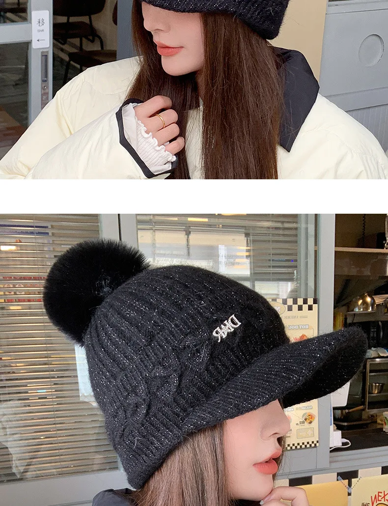 Chapeau tricoté chaud à la mode pour femmes, avec oreillettes, langue de canard, bonnet d'extérieur épais et rembourré en coton, hiver 2023_voghion.com