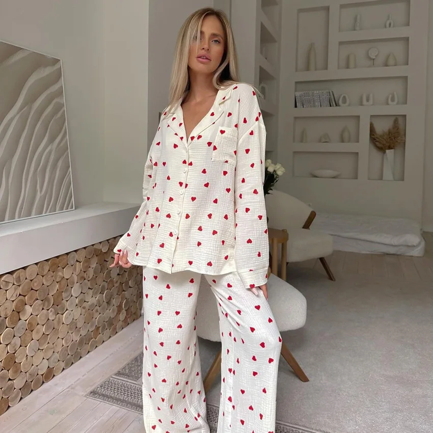 POTETI Button Down Pajamas For Women Valentine's Day Long Sleeve Notch Collar Heart Pajama Set Lounge Sleepwear Outfits