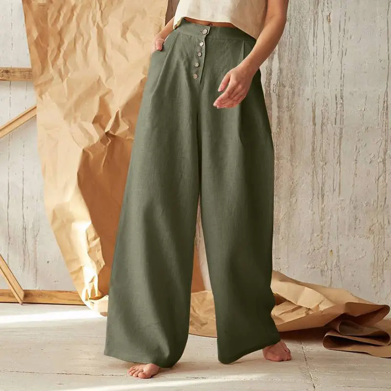 Women Clothes 2024 Spring Korean Fashion High Waist Wide Leg Pants Casual Button Pockets Solid Trousers Female Loose Pantalones