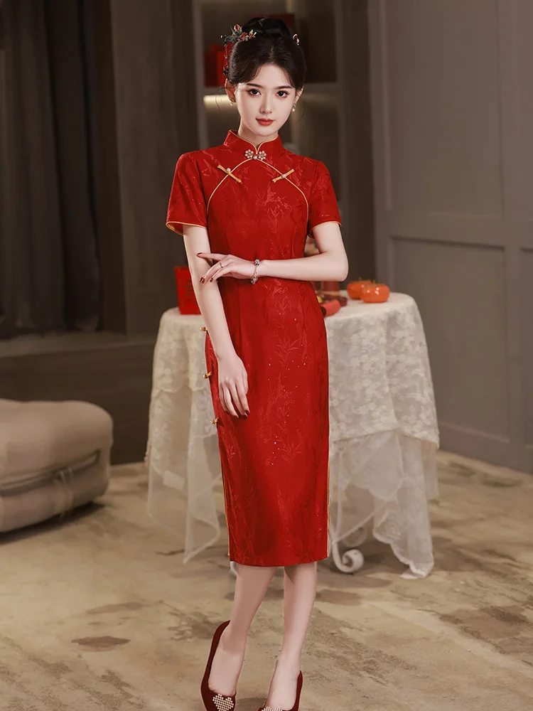 

Red Formal Party Dress Summer Women Cheongsam Chinese Traditional Style Qipao Mandarin Collar Daily Elegant Banquet Gown