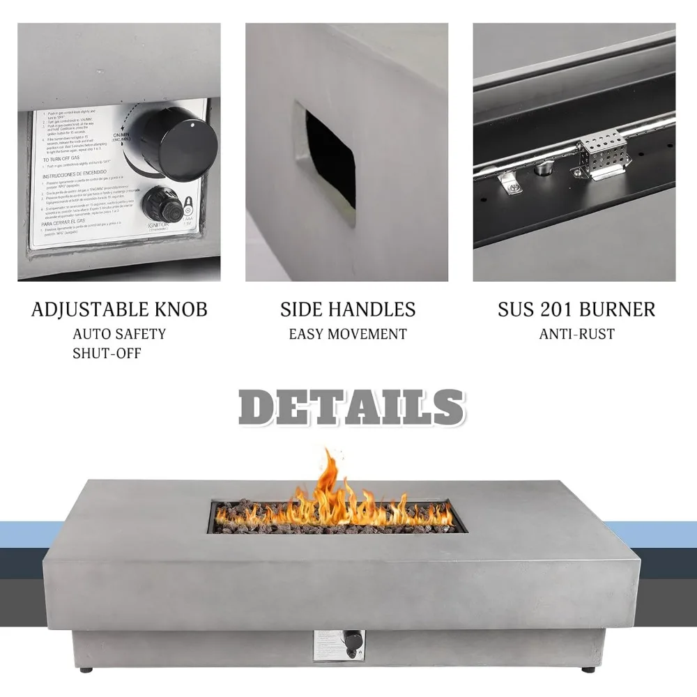60 Rectangular Propane Fire Pit Steel Lid Propane Tank Table Lava Rocks Rain Cover 50000 BTU Outdoor Fire Table
