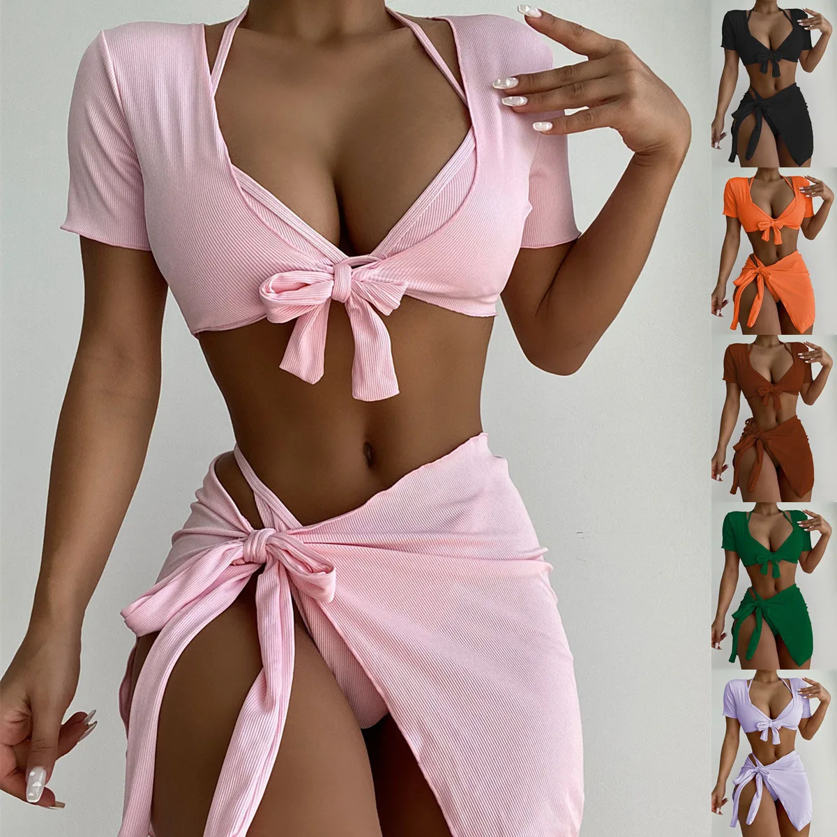 Women's Solid Color Bikini Set Trendy Four-Piece Elegant Monochrome High-Quality Swimwear for Adults
