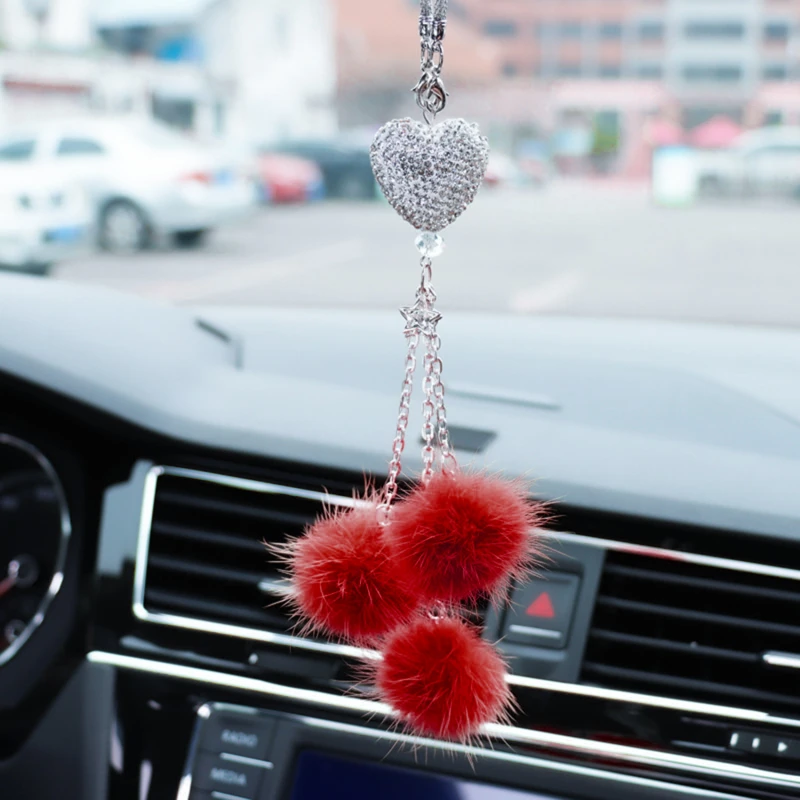 BELOMI Bling Heart Rearview Mirror Charm - Crystal Rhinestone Hanging Ornament With Fuzzy Ball For Cars (Red)
