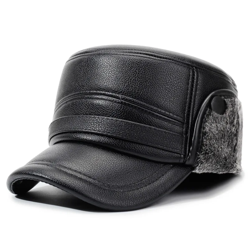 Vintage PU Leather Baseball Cap Men Flat Top Military Hat Winter Outdoor Warm Ear Protection Cap baseball cap flat cap camouflage baseball cap cap hat flat vintage cap leather hat