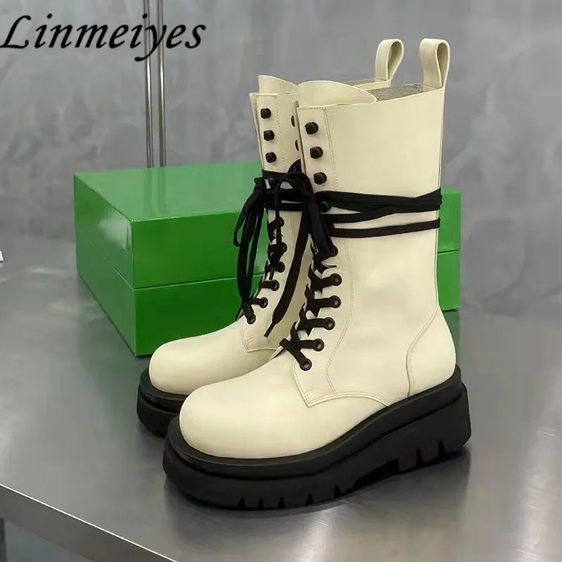 

Удобные женские ботинки челси, увеличивающие рост, ботинки до середины икры с круглым носком на плоской подошве, лаконичная женская обувь на шнуровке, женские ботинки на платформе