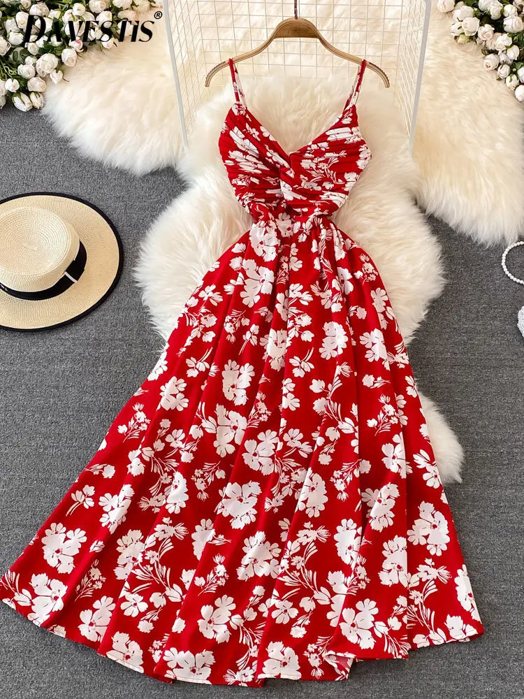 

Vacation Style Sling Dress Women 2023 Summer Fashion Floral Wrapped Chest V-neck Sleeveless Dress Women Casual High Waist Dress