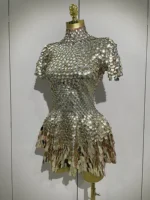 Luxury High Quality Shiny Shell Sequins Bodysuit Dress Women Sexy Nightclub Dance Performance Clothing Birthday party Dresses - Image 2