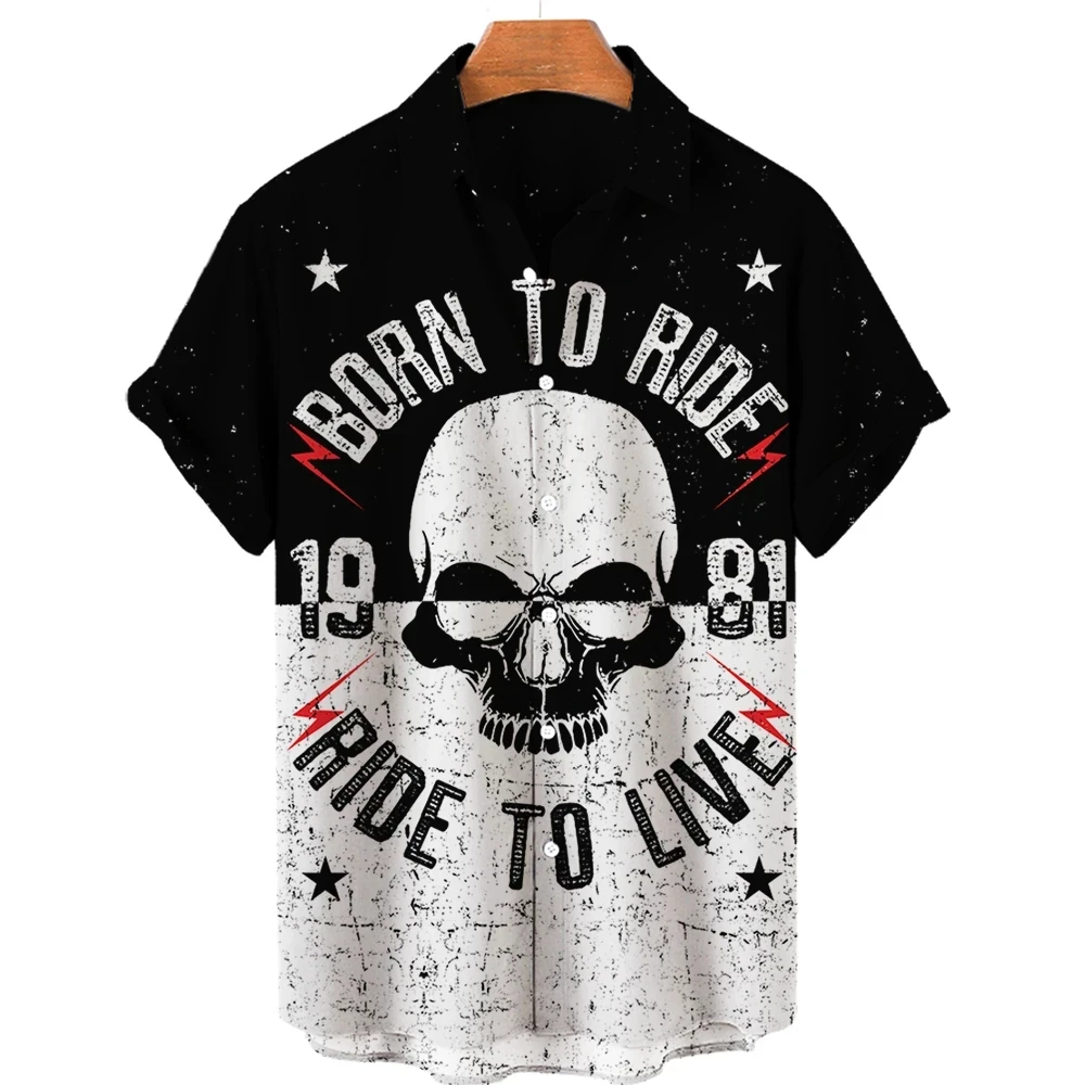 thumbnail image 1 of Camisa de manga corta para hombre, cómoda y transpirable, informal, con estampado 3D de calavera divertida, nueva de verano de 2024, con solapa y botones, talla grande, 1 of 5