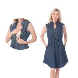 Maternity Sleeveless Dress Soft Denim Pregnant Clothes Adjustable Waistband Breastfeeding Wear Plus Size S to XXXL