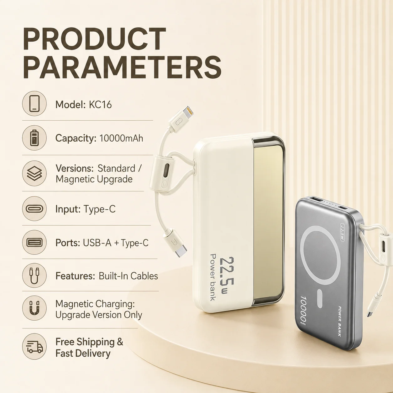 Power Bank da 10000mAh 22.5W con Cavi USB-C e 8-Pin Integrati, Caricabatterie Compatto per Telefono, Versione Aggiornata con Ricarica Wireless Magnetica - Image 6