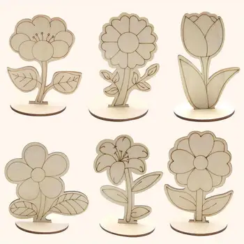 6Pcs/Set Rose/Lily/Sunflower Wooden Ornament Wood DIY Painting Crafts For Spring Happy Easter Party Table Decoration Supply 1