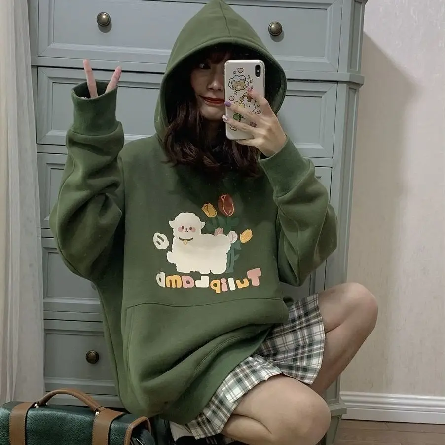 Hoodie Autumn Winter New Style Japanese College Style Kawaii Lamb Print Loose  Thicken Sweatshirt Women Soft Cute Top 2022