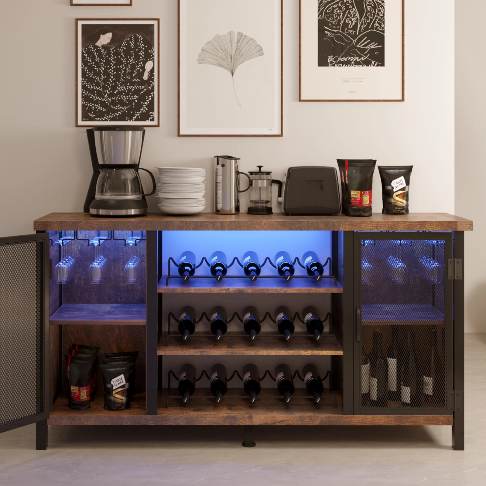 Household LED wine bar cabinet, farmhouse coffee bar with 2 hinged doors, adjustable wooden and steel table with bottle rack