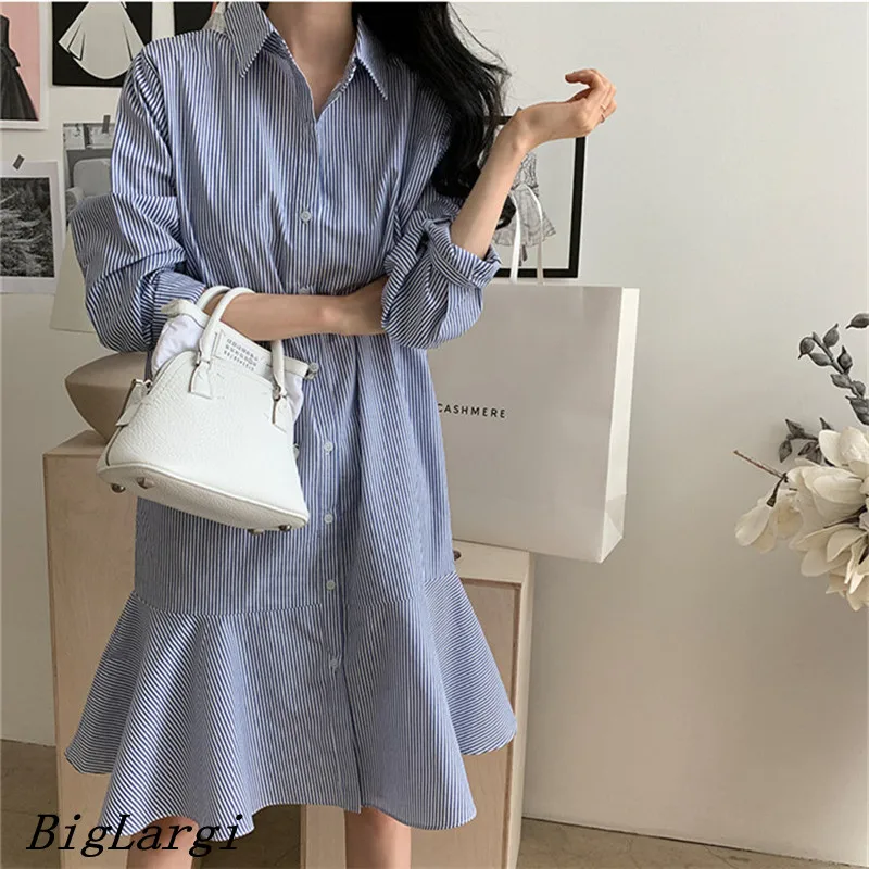 

2023 Summer Vintage Ruffle Striped Dress Women Korean T-shirt Casual Loose Office Ladies Dresses