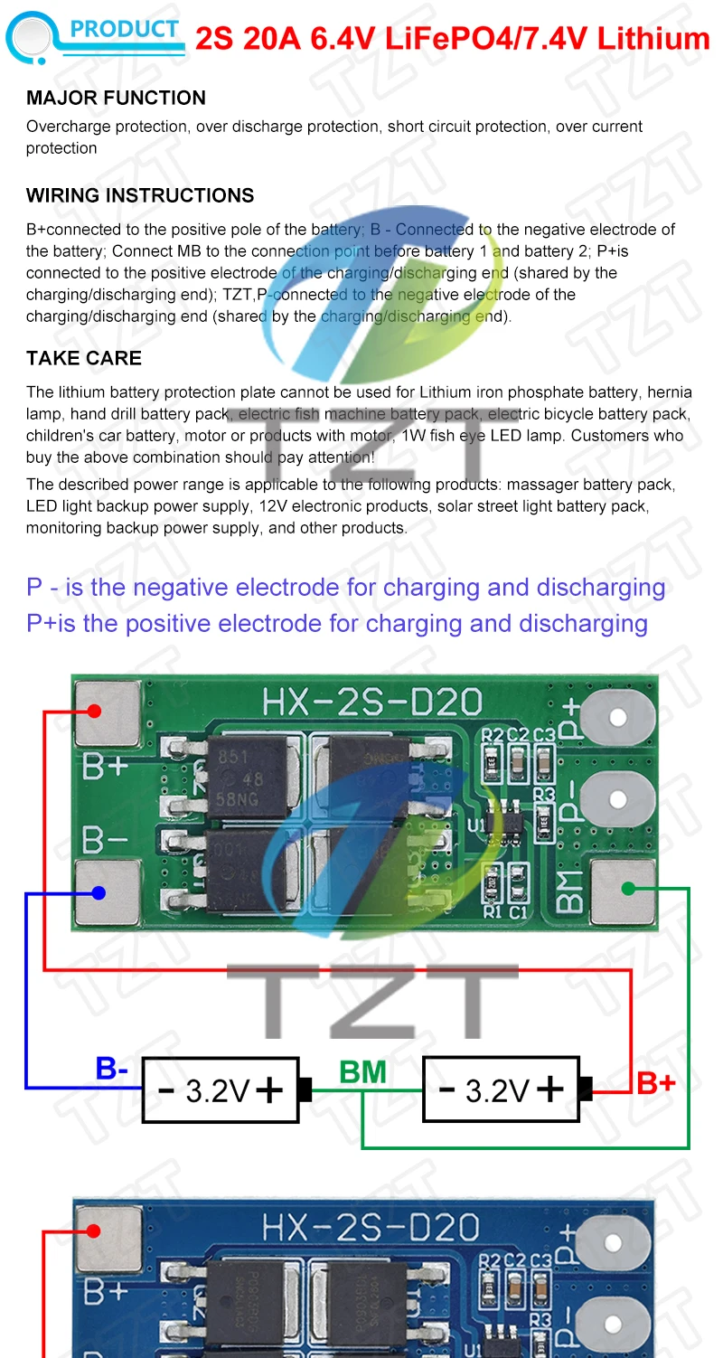 TZT 2S 6,4 V 7,4 V 20 A LiFePO4/Lithium 18650 32650 Batterieladeschutzplatine 13 A Arbeitsstrom 20 A Strombegrenzung – Detail 2