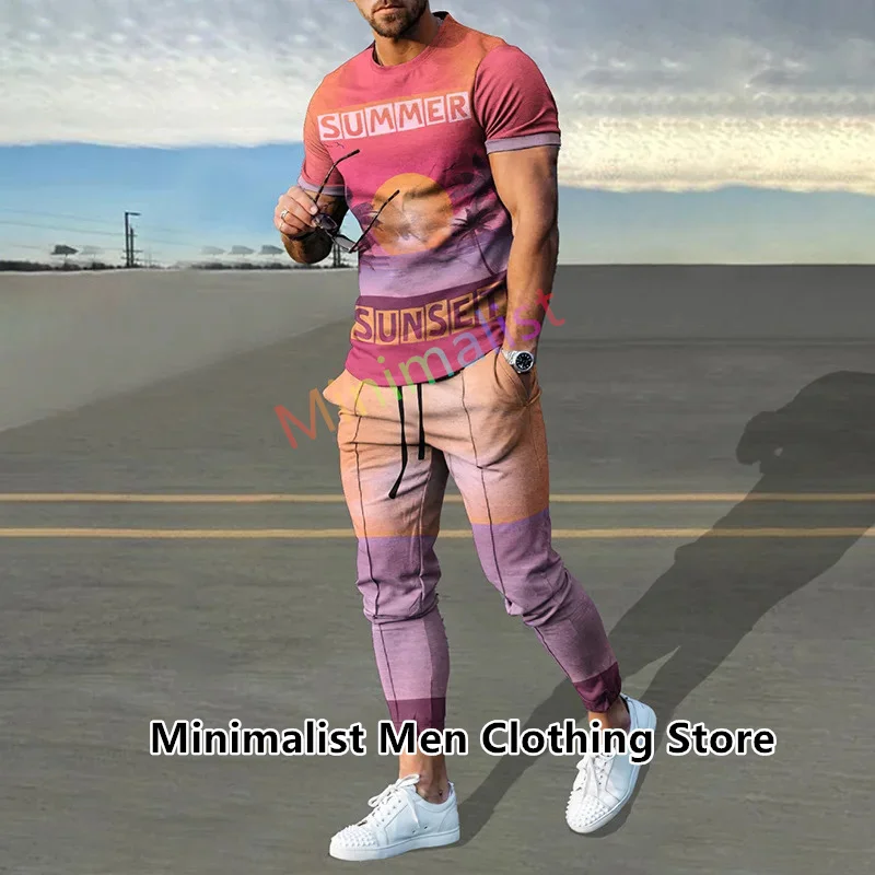 2023 Fashion Men Tshirt Suit Tracksuit Coconut Tree Print Short Sleeve T-shirt Long Pants Streetwear 2 Piece Set Male Clothes