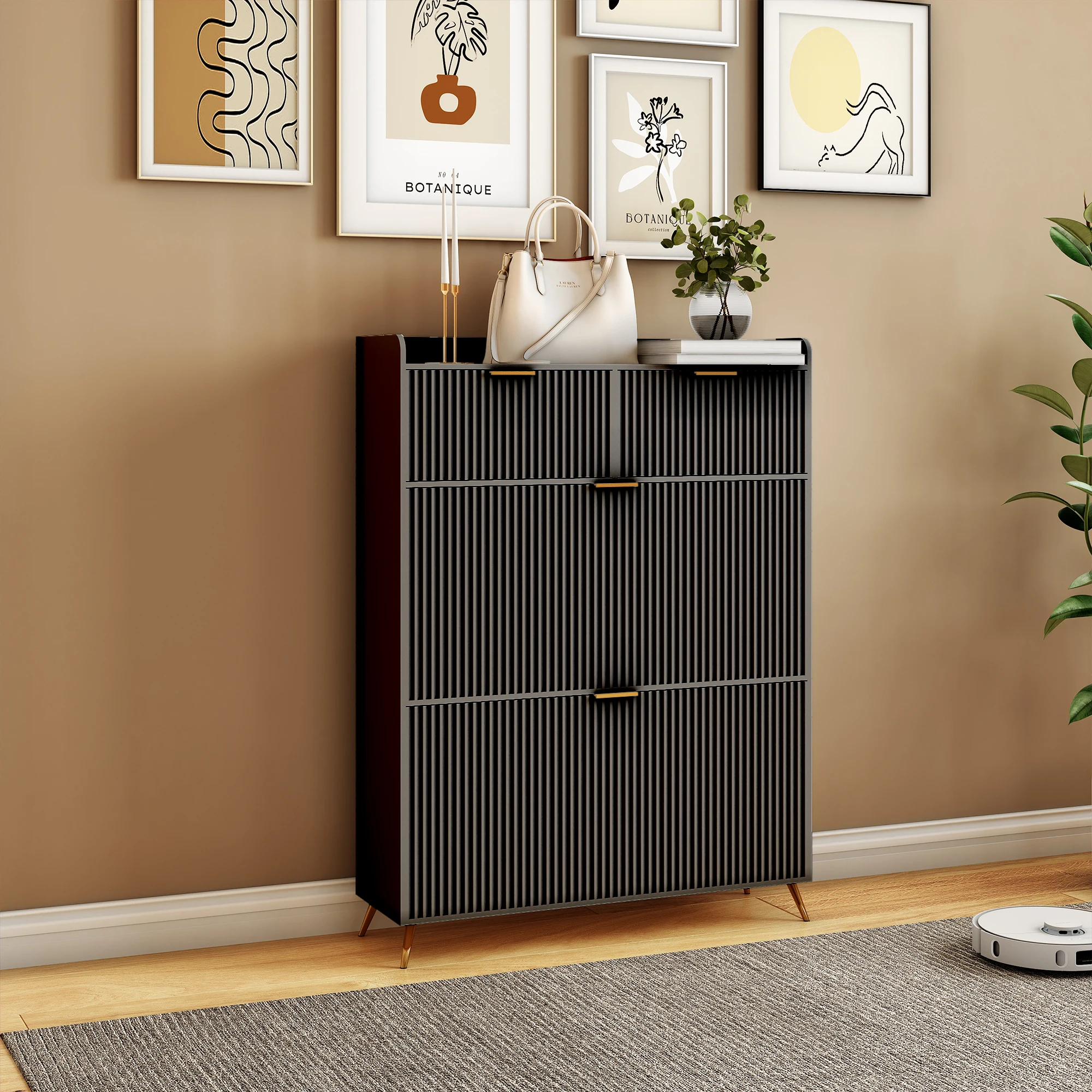 Anajqaqia 80 x 24 x 110 cm moderner Schuhschrank, Schuhregal für den Eingangsbereich mit 2 Schubladen und 2 Schiebetüren, platzsparendes schwarzes Schuhregal – Detail 3