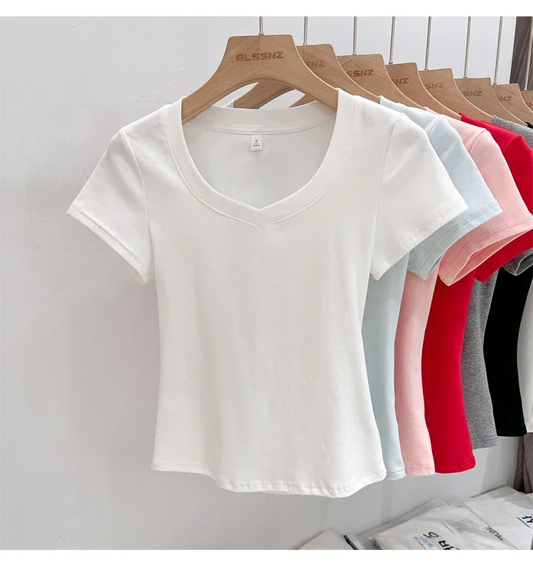 Zjaiss 2026 Sommer Hohe Qualität Casual V-ausschnitt Frauen T Shirt Sexy Schlanke Kurzen Ärmeln Mode Trend Feste Kleidung Y2k Tops – Detail 8