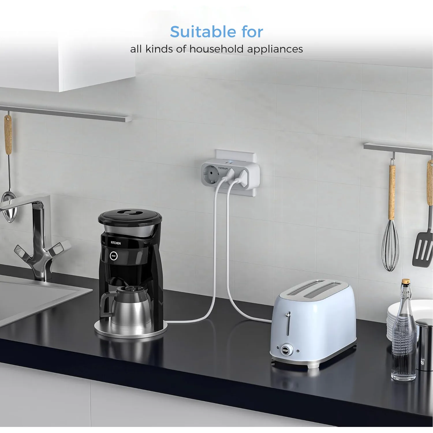 TESSAN 다중 벽 소켓 멀티탭, 3 콘센트, 1 USB A 1 타입 C, 과부하 방지, 5 인 1 플러그 어댑터