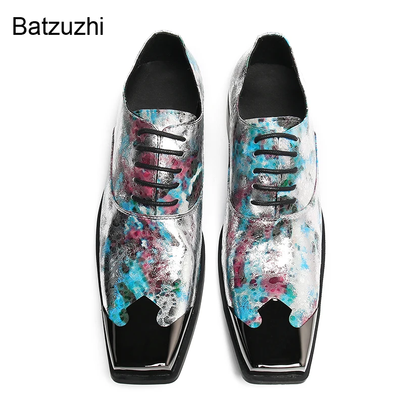 Batzuzhi Men's Shoes Color Leather Dress Shoes Men Lace-up Special Square Metal Toe Business/Party and Wedding Shoes Male, 38-46